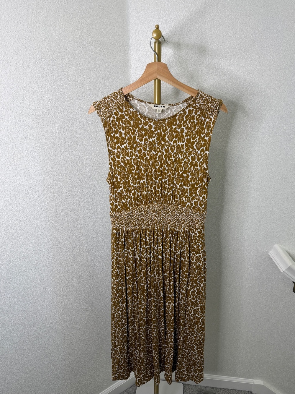 Boden Retro Floral Knit Jersey Dress Ochre Mustard Yellow Brown US 6R